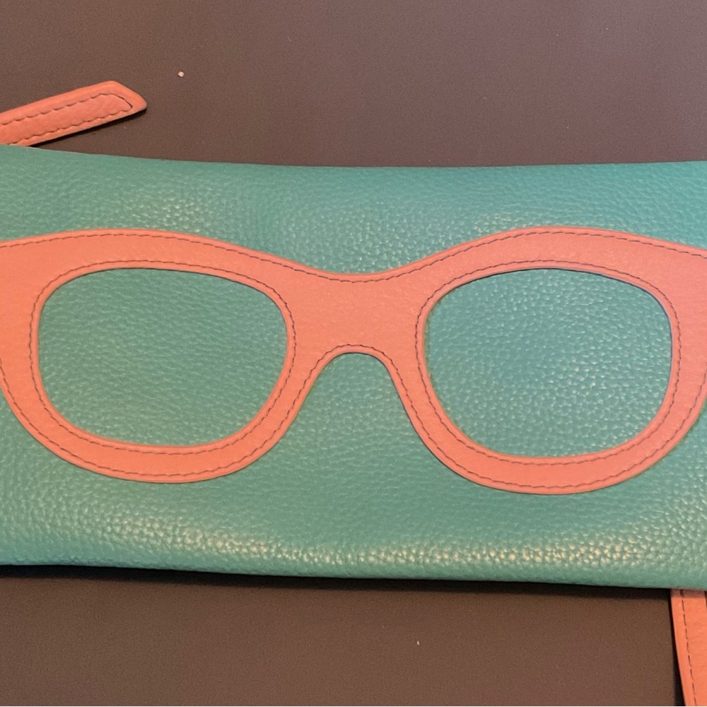Turquoise leatherr eyeglass case with extra pocket